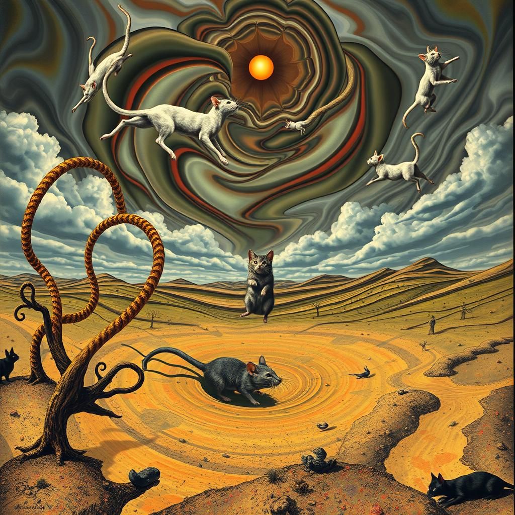 Surreal Landscape with Elastic Flora and Floating Cats