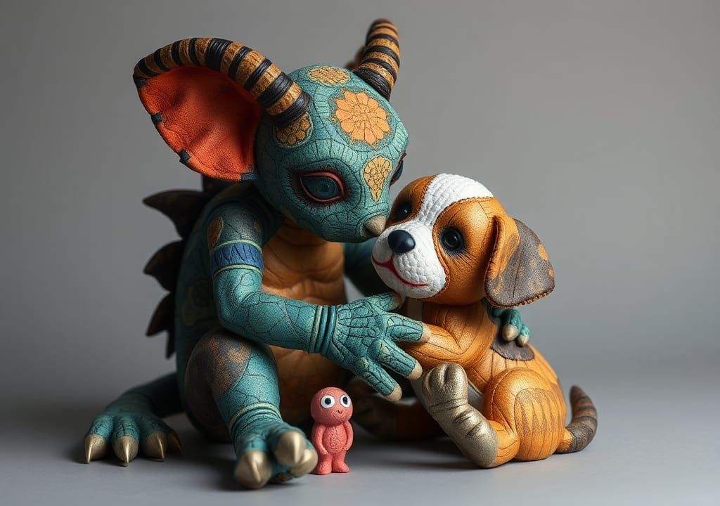 Cute Plush Creature Plays with Puppy, Batik Style