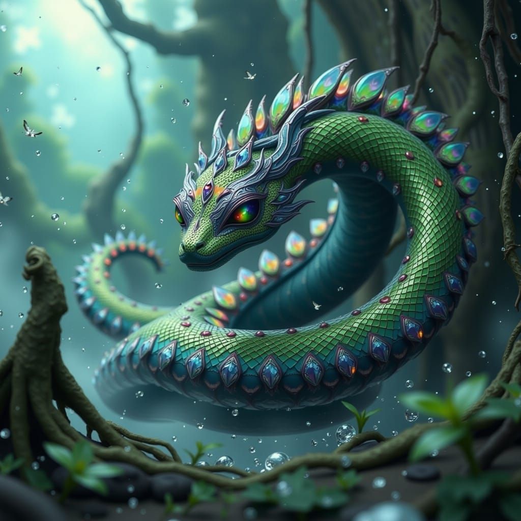 Cyberpunk Fae Naga in Ancient Temple Ruins