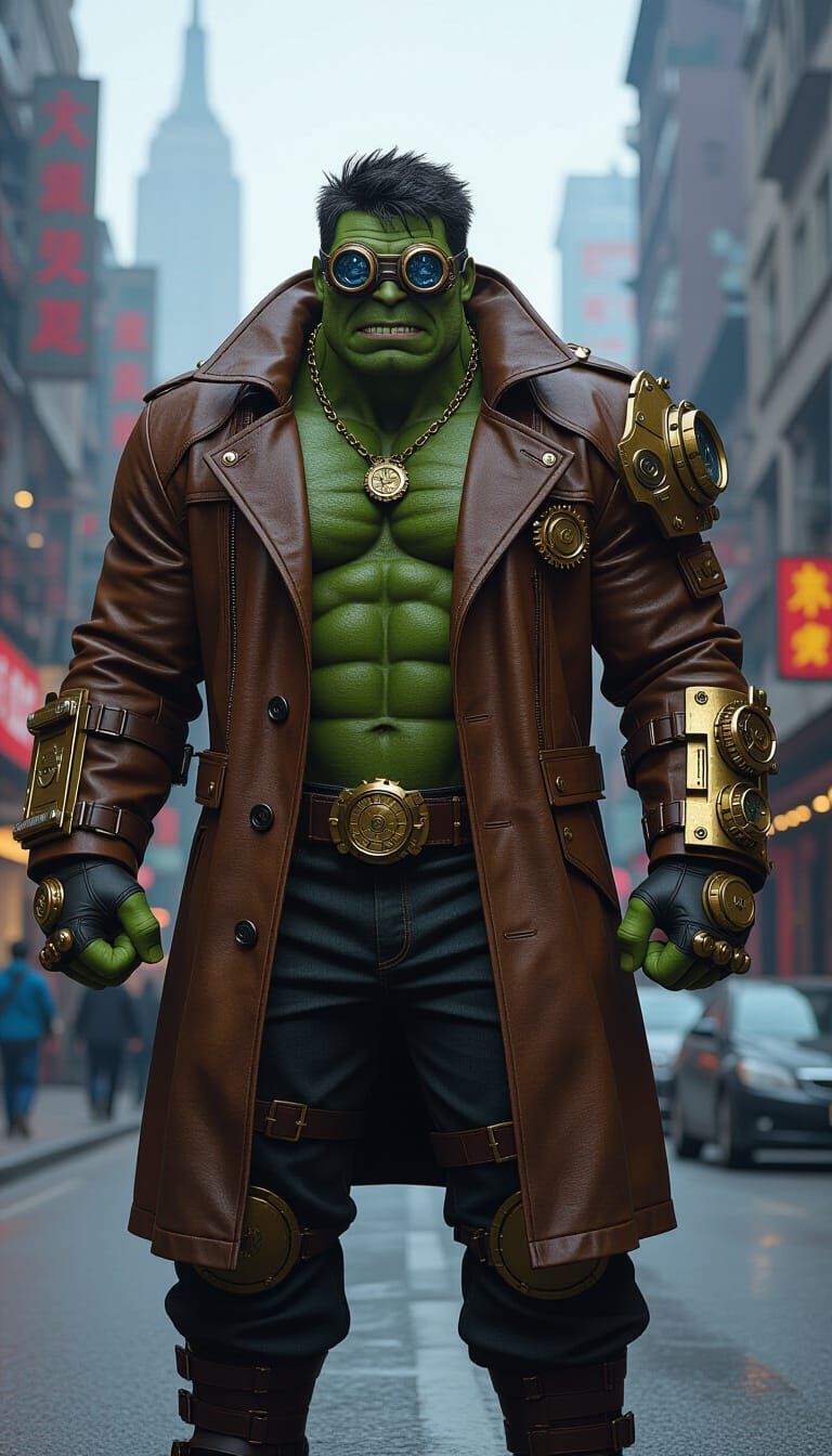 Cyberpunk Hulk in Dystopian Cityscape with Gears and Brass