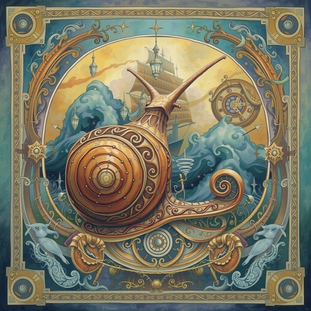 Mystical Snail Gods Navigate Golden Stormy Seas in Steampunk...