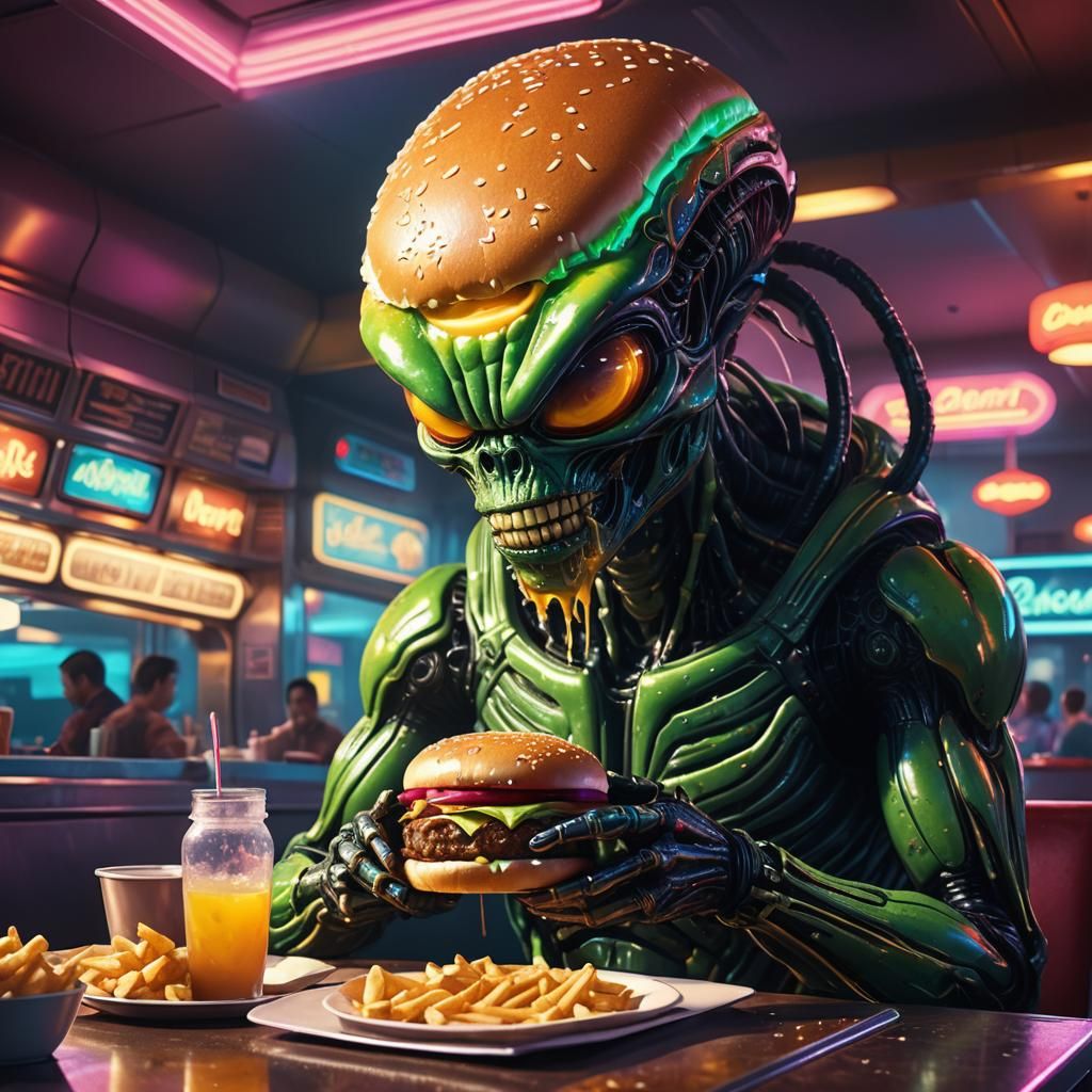 Alien Eats Burger in Retro-Futuristic Diner