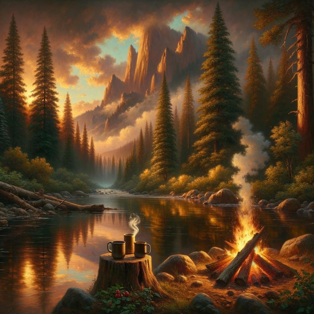Idyllic Wilderness Oil Painting with Sunset River Scene