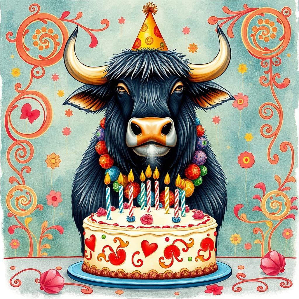 Majestic Bull Blows Out Birthday Candles in Whimsical Storyb...