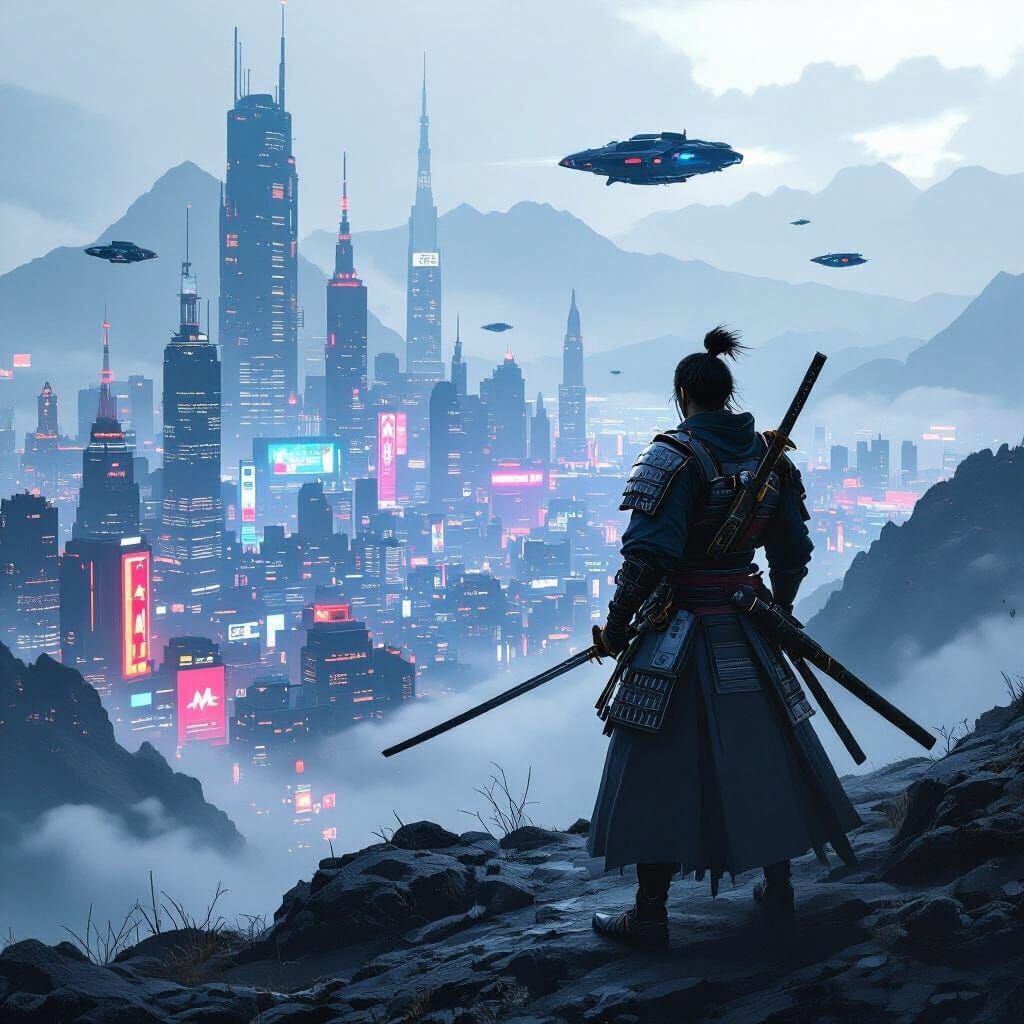 Samurai Over Cyberpunk City, Hyperrealistic Style