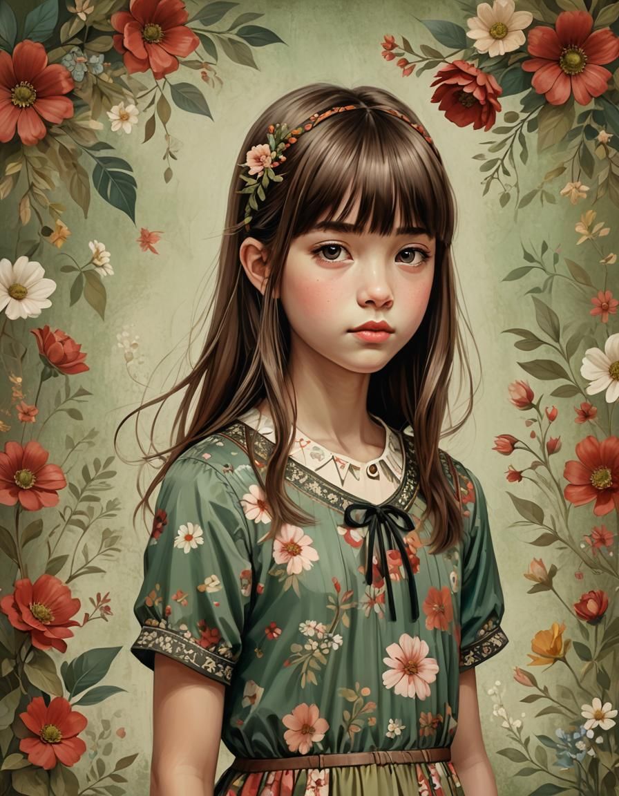 Vintage Girl Portrait in Santoro Gorjuss Style