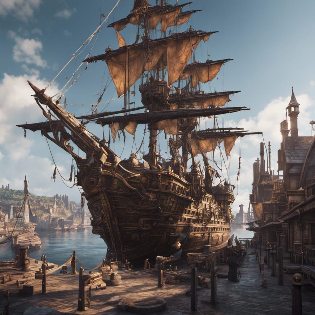 Medieval Exploration Ship in Busy Port: Fantasy Concept Art