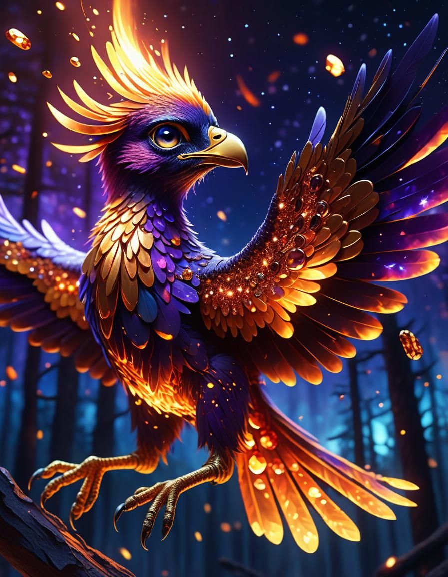 Baby Phoenix Flies Above Fiery Forest: Digital Art