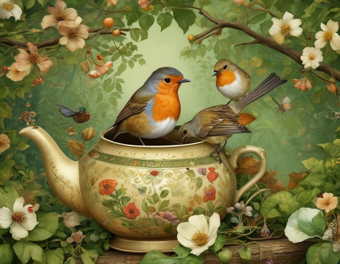 Whimsical Storybook Robin in Vintage Teapot Nest