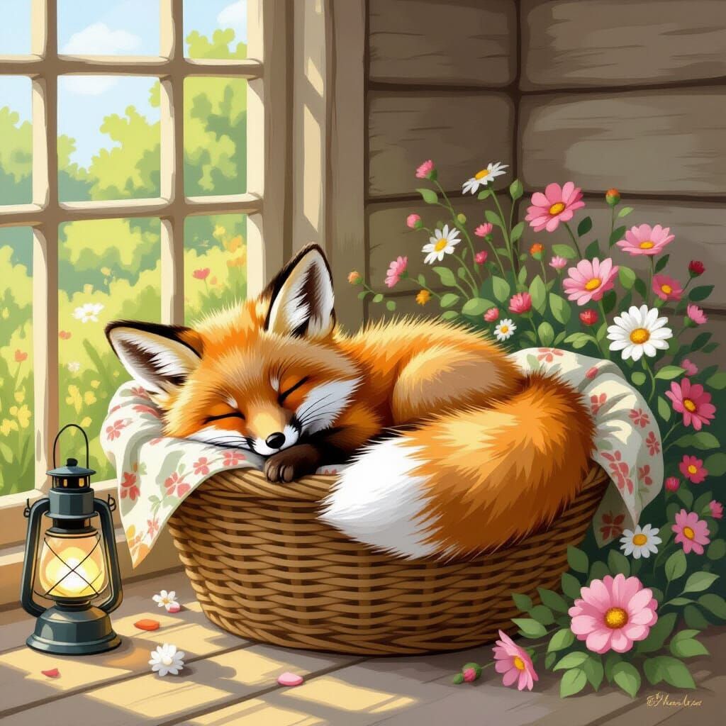 Sleeping Fox Cub in Storybook Illustration Style