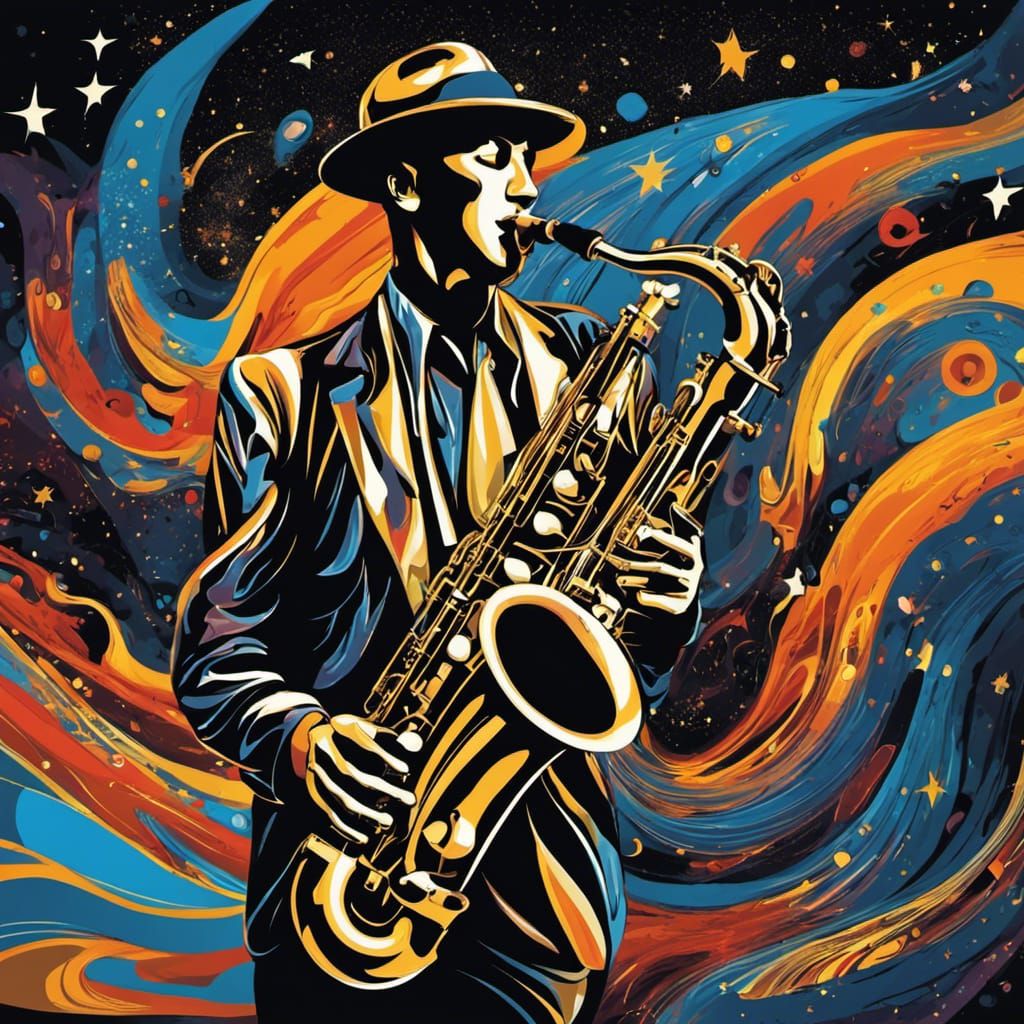 Saxophone Player in Starry Universe, Expressionist Style