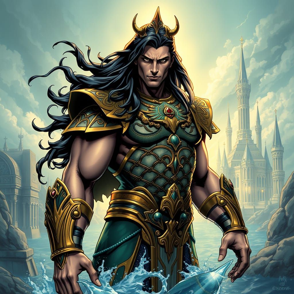 Namor in Majestic Atlantean Armor, Submerged Cityscape