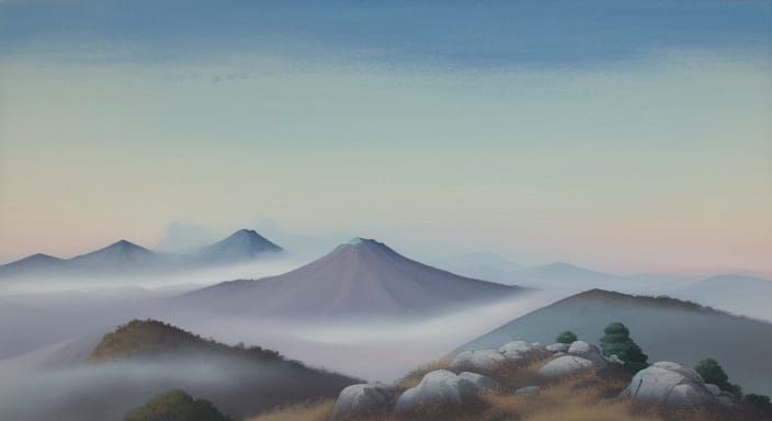 Serene Mountaintop Vista at Dawn in Minimalist Landscape Sty...