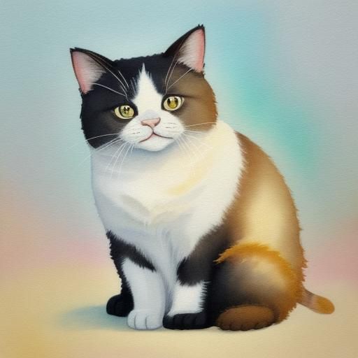 Chubby Tuxedo Cat in Whimsical Watercolor Style