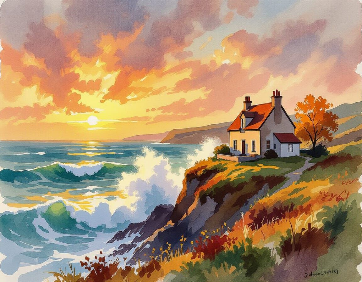 Autumn House on Cliff Overlooking Turbulent Sea