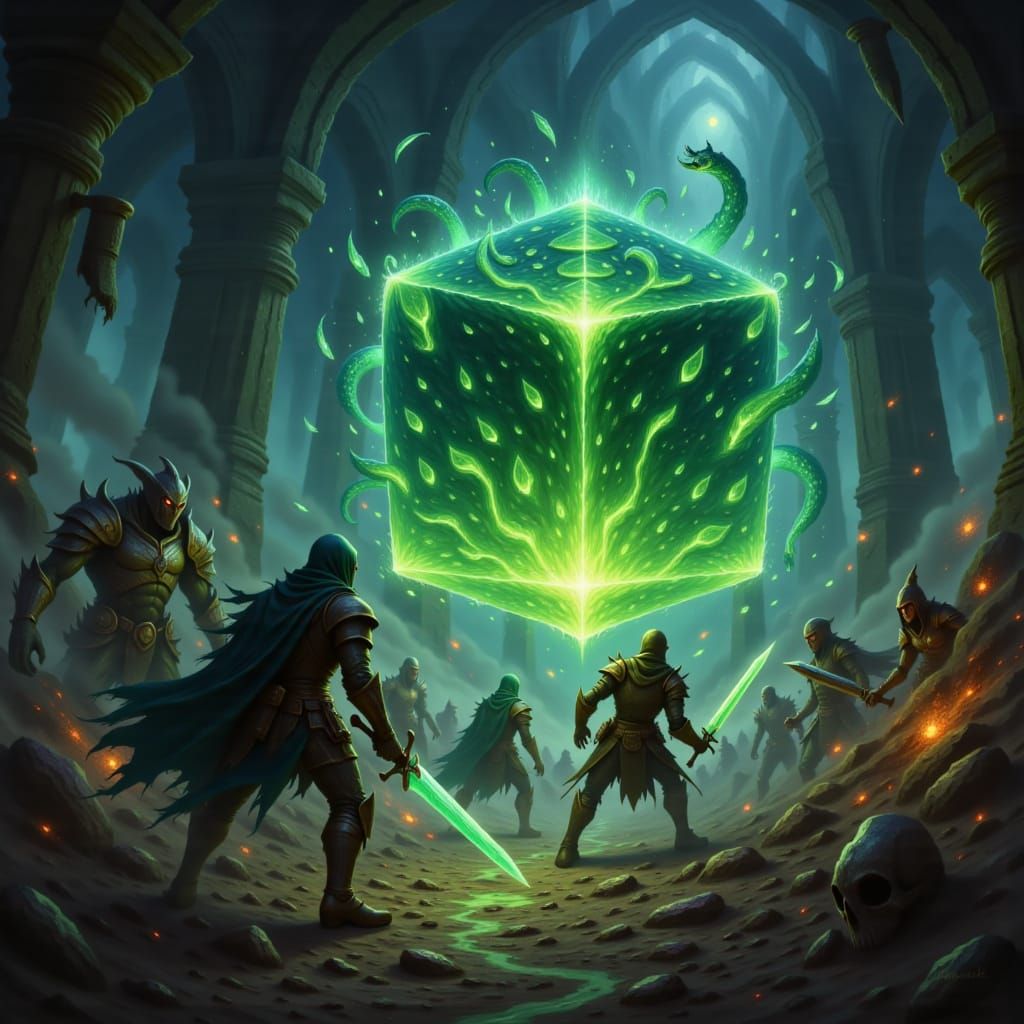 Fantasy RPG Adventurers Battle Giant Ooze Cube in Ruins