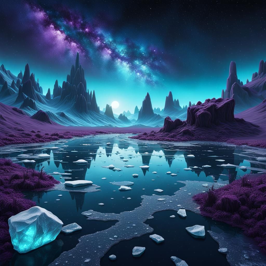 Crystalline Alien Landscape Under Purple Starry Sky