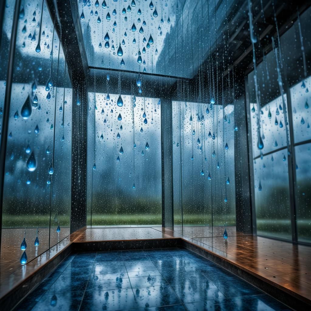 Hyperrealistic Blue Raindrops on Glass Room