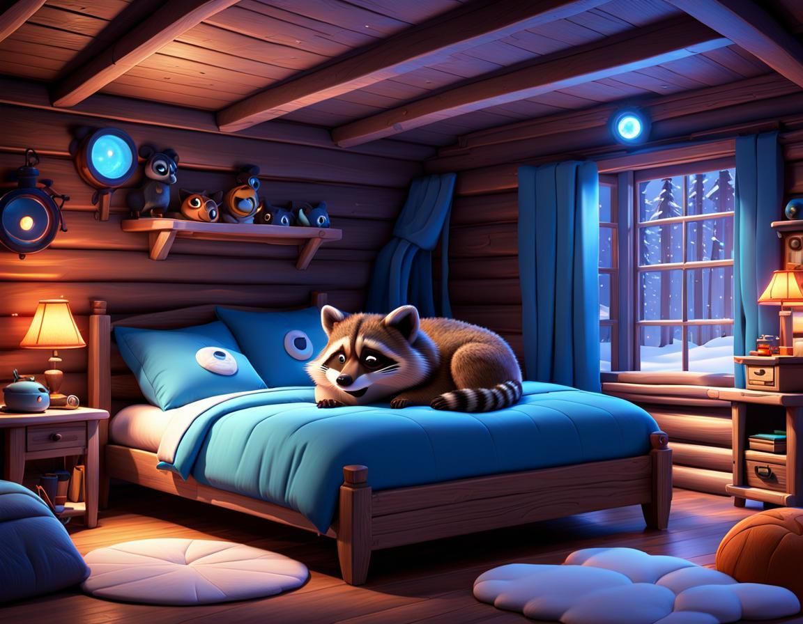 Raccoon Sleeping in Bed: 3D Digital Art