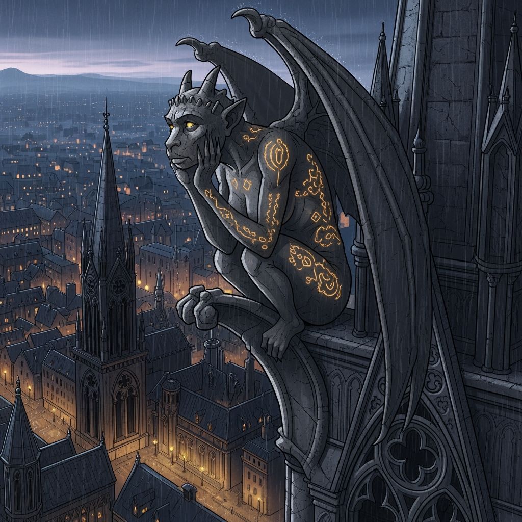 Gargoyle Overlooks Rainy City at Dusk in Dark Fantasy Style
