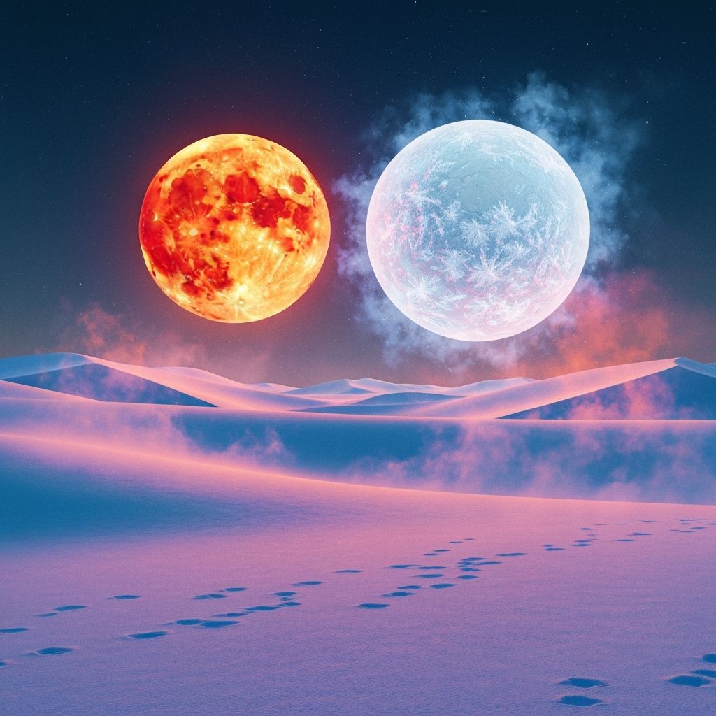 Fiery Moon & Icy Sun Over Snow Desert