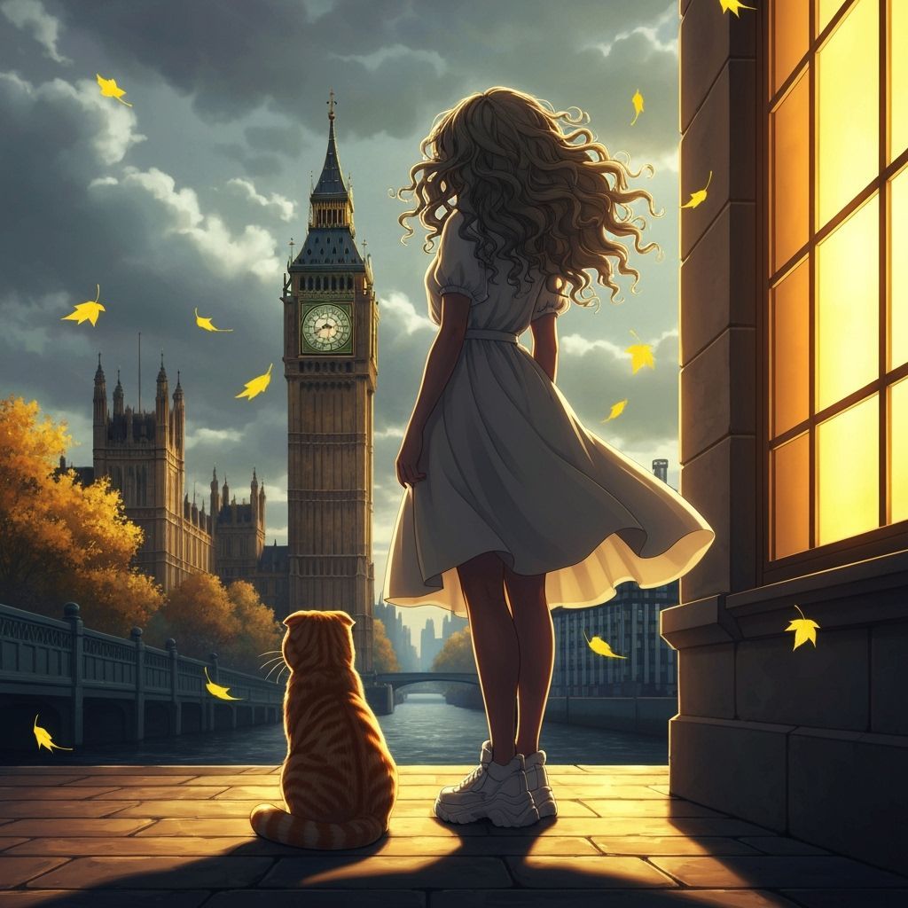 Anime-Style Woman and Cat in London Scene