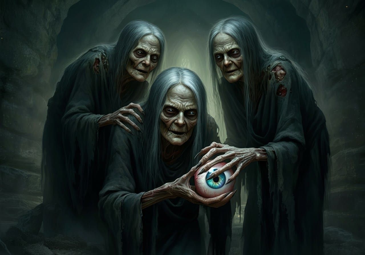 Eerie Trio of Witches in Mystical Cavern