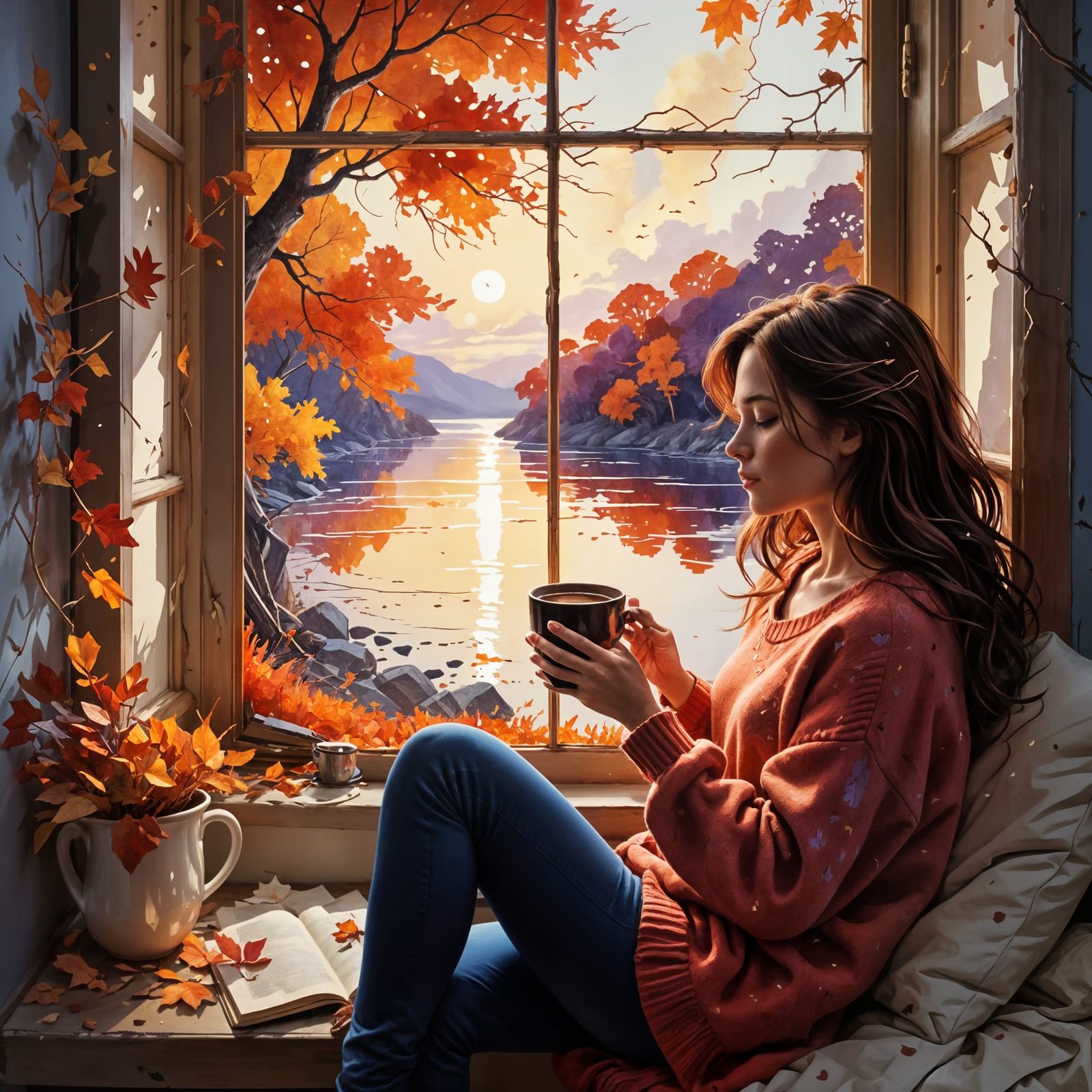 Woman in Autumn Window Nook, Luminism Style