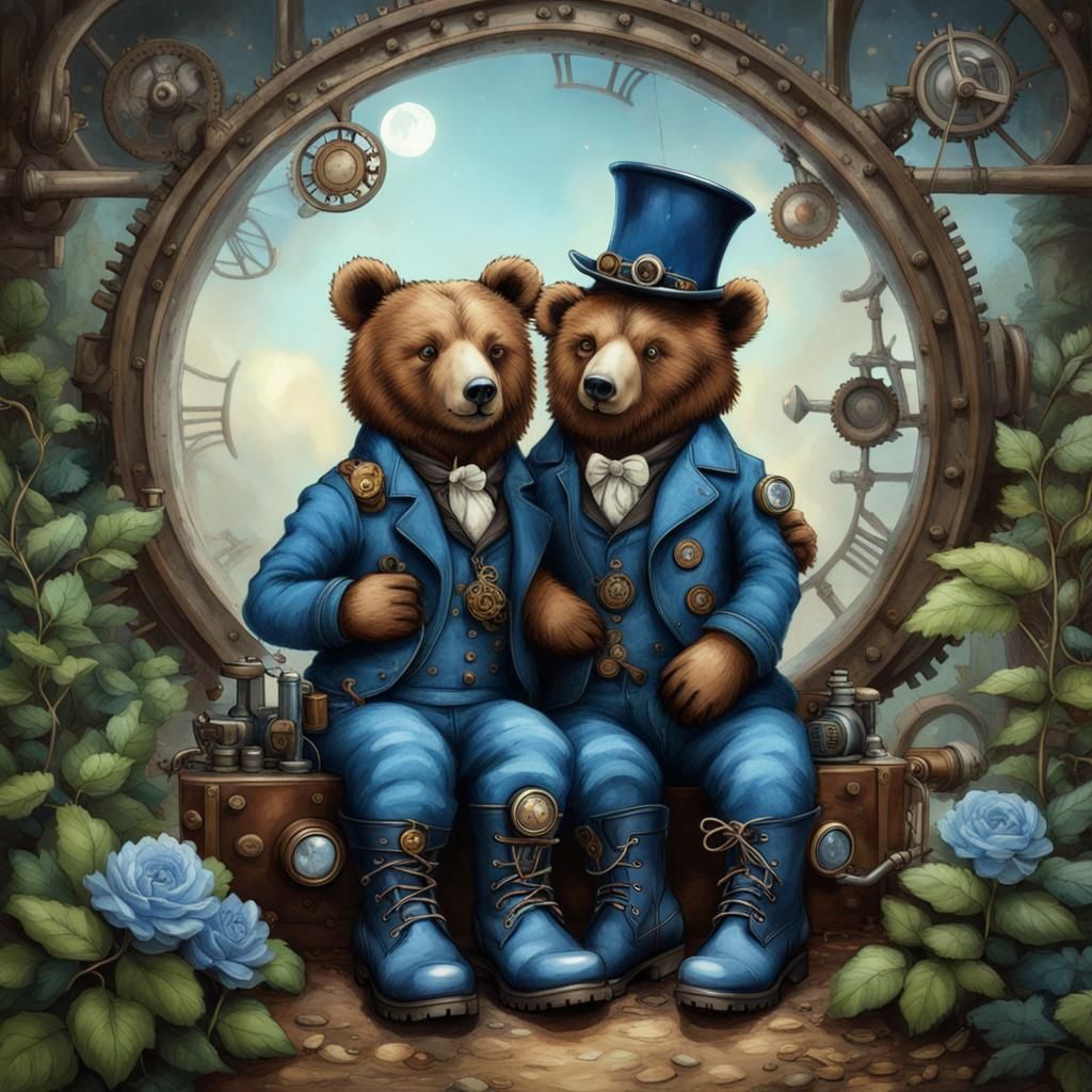 Bears Hugging on Moonbeam with Steampunk Engine
