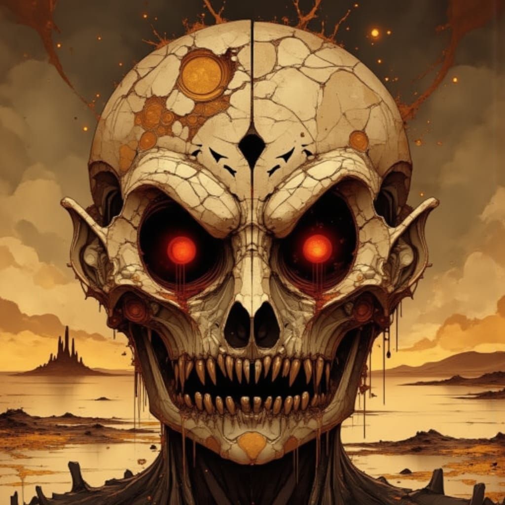 Macabre Skull with Red Eyes in Eerie Room