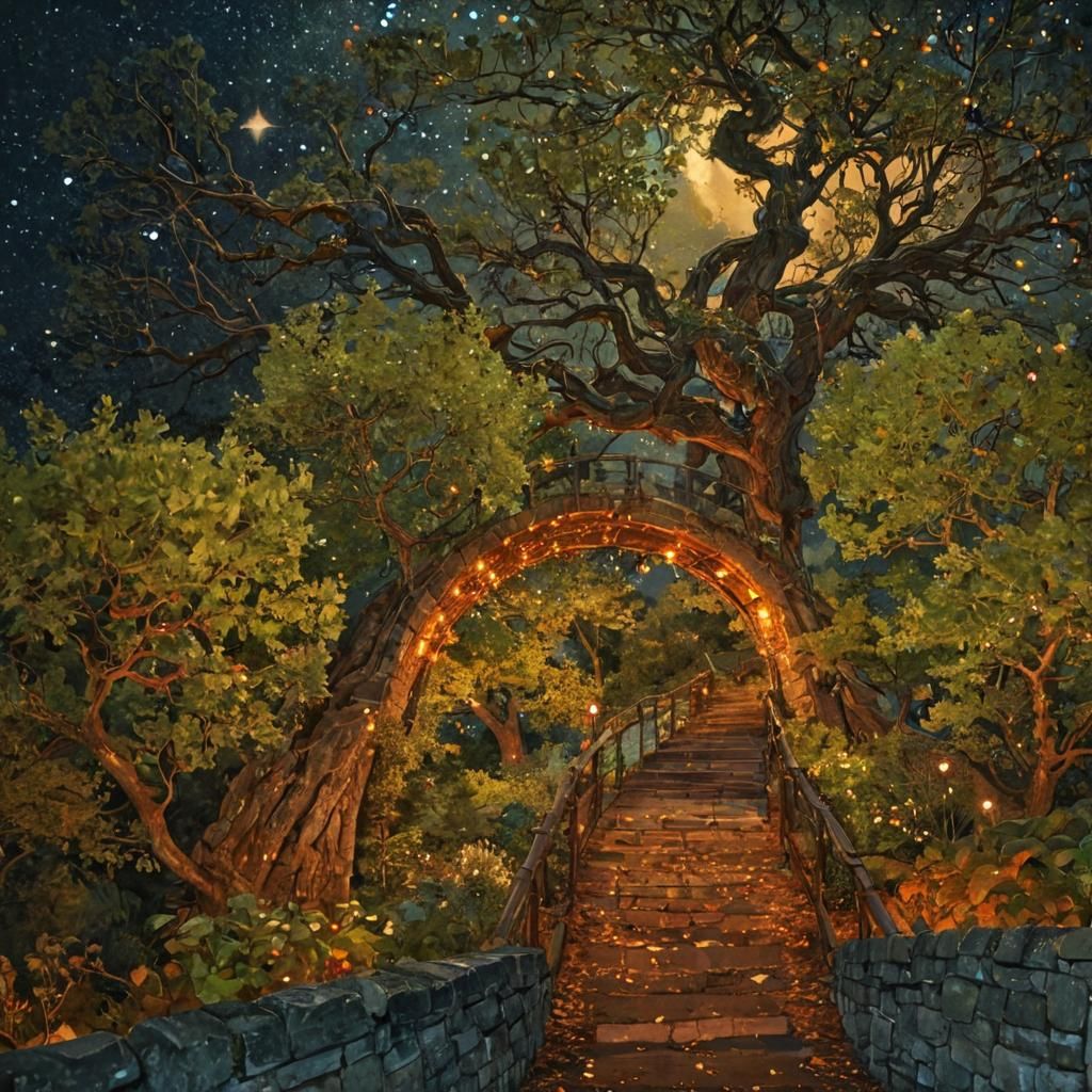 Fantasy Bridge Under Starry Sky, Alphonse Mucha Style