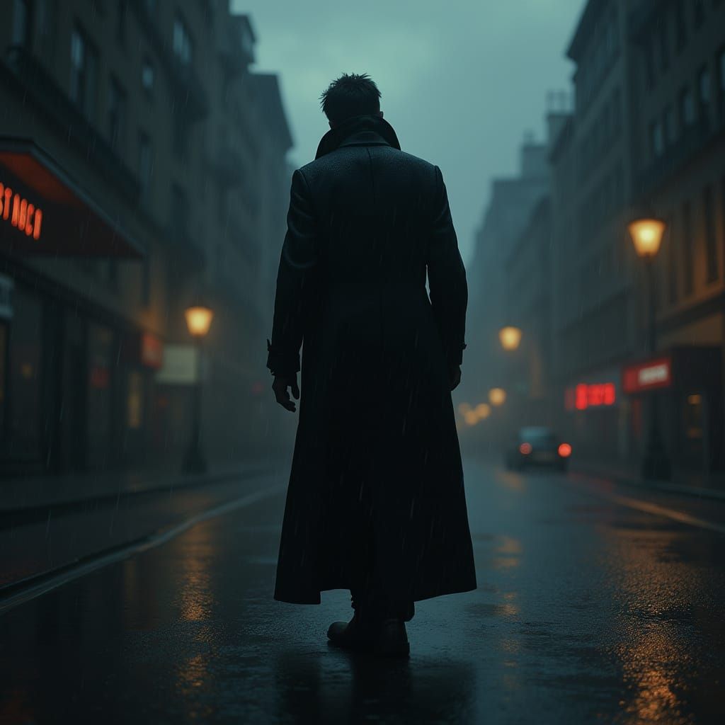Noir Figure in Cyberpunk Cityscape