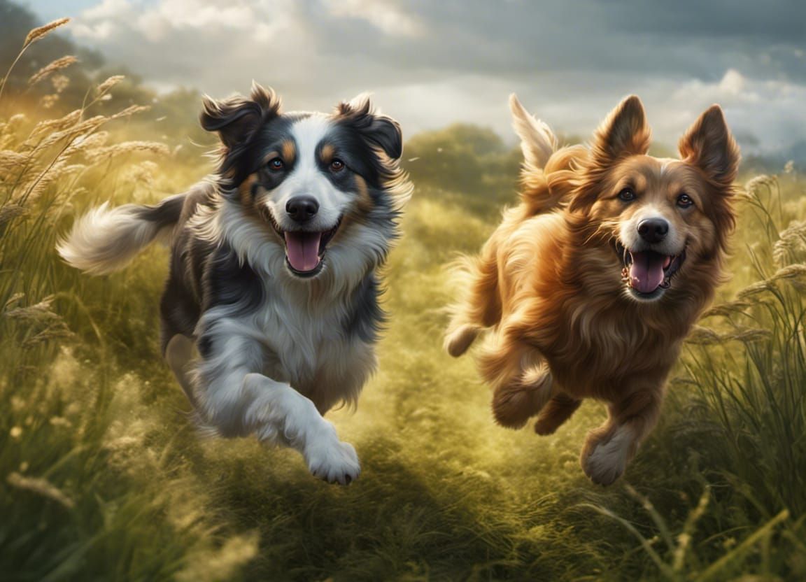 Dogs Running Through Field in Detailed Matte Painting