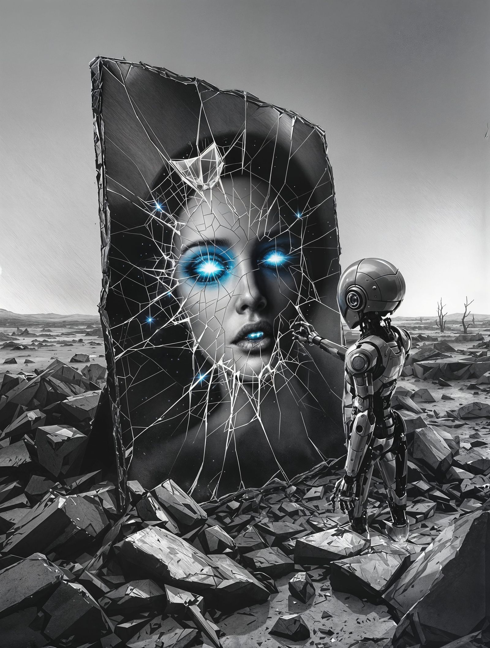 Robot's Fractured Reflection in Post-Apocalyptic Wasteland