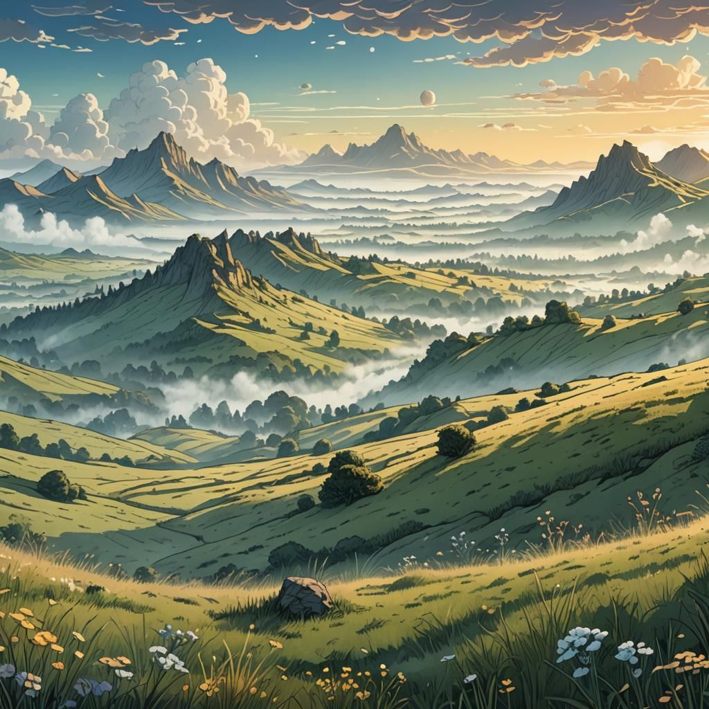 Misty Meadow Panoramic View in Retro D&D Style