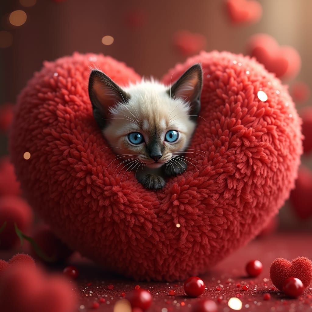Siamese Kitten in Red Heart, Matte Painting Style