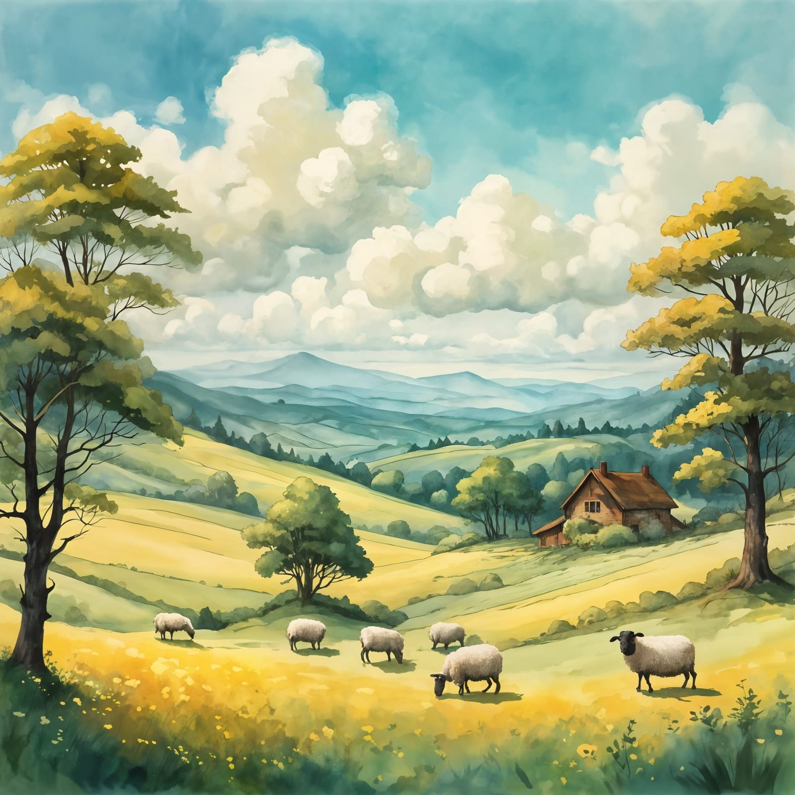 Whimsical Countryside Scene in Golden Light