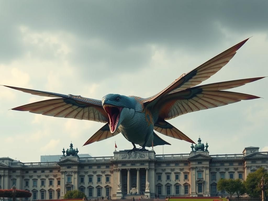 Titanic Hummingbird-Megalodon Hybrid Over Buckingham Palace