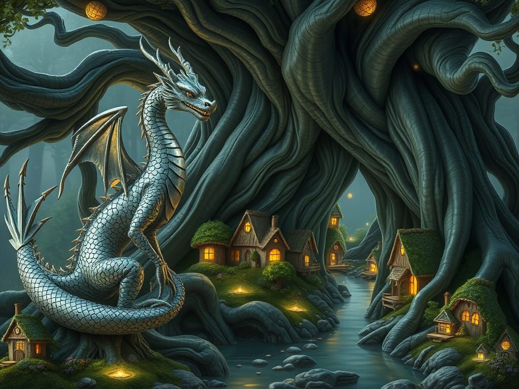 Kintsugi Dragon Statue Guards Bioluminescent Gnome Village