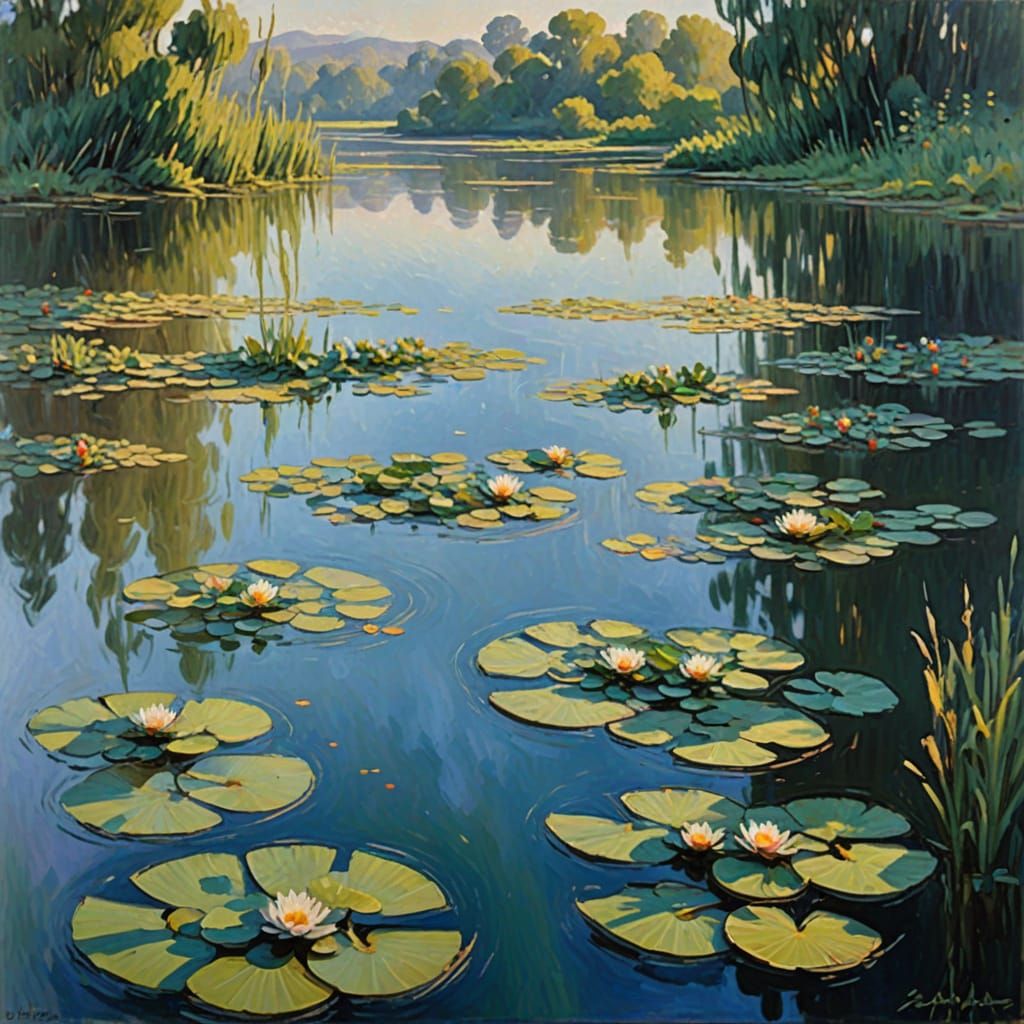 Impressionist Rowboat on Calm Lake with Rocky Cliffs