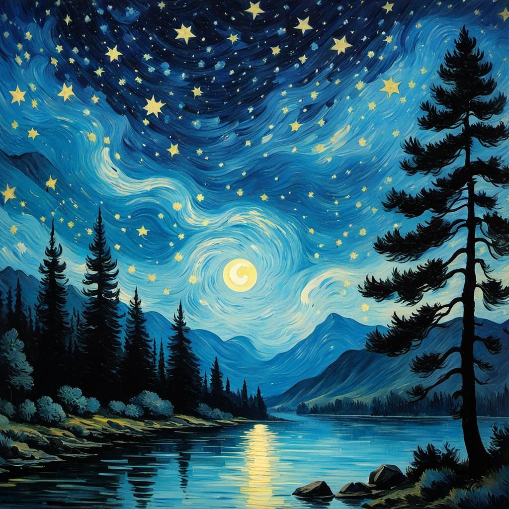 Starry Night Sky Landscape as Oil Painting