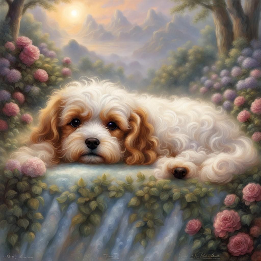 Sleeping Cavapoo in Ethereal Fantasy Style