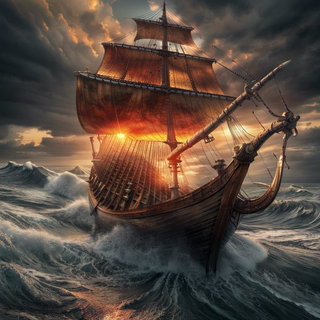 Viking Warship Amidst Aurora and Fiery Sunset