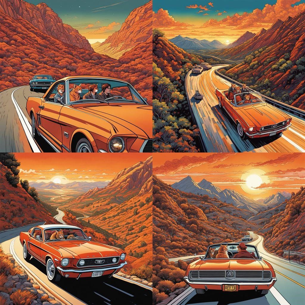 Tabby Cat Chauffeur Drives Red Mustang: Comic Art