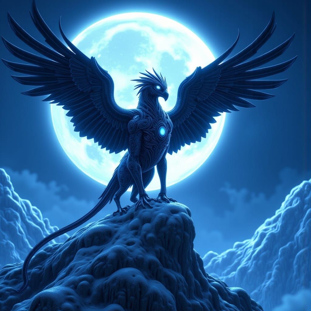 Majestic Griffin Silhouetted Against Moonlit Mountain
