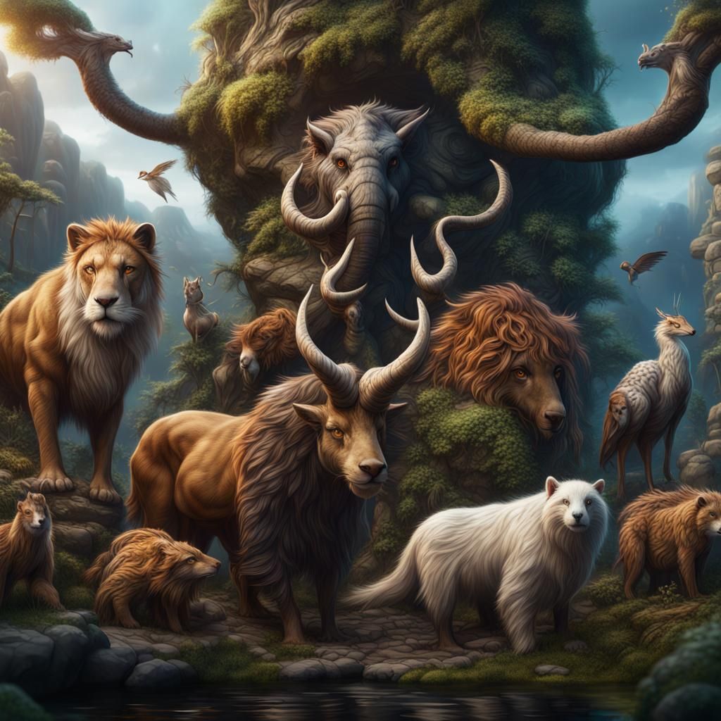 Fantastical Animals Together in Detailed Matte Painting