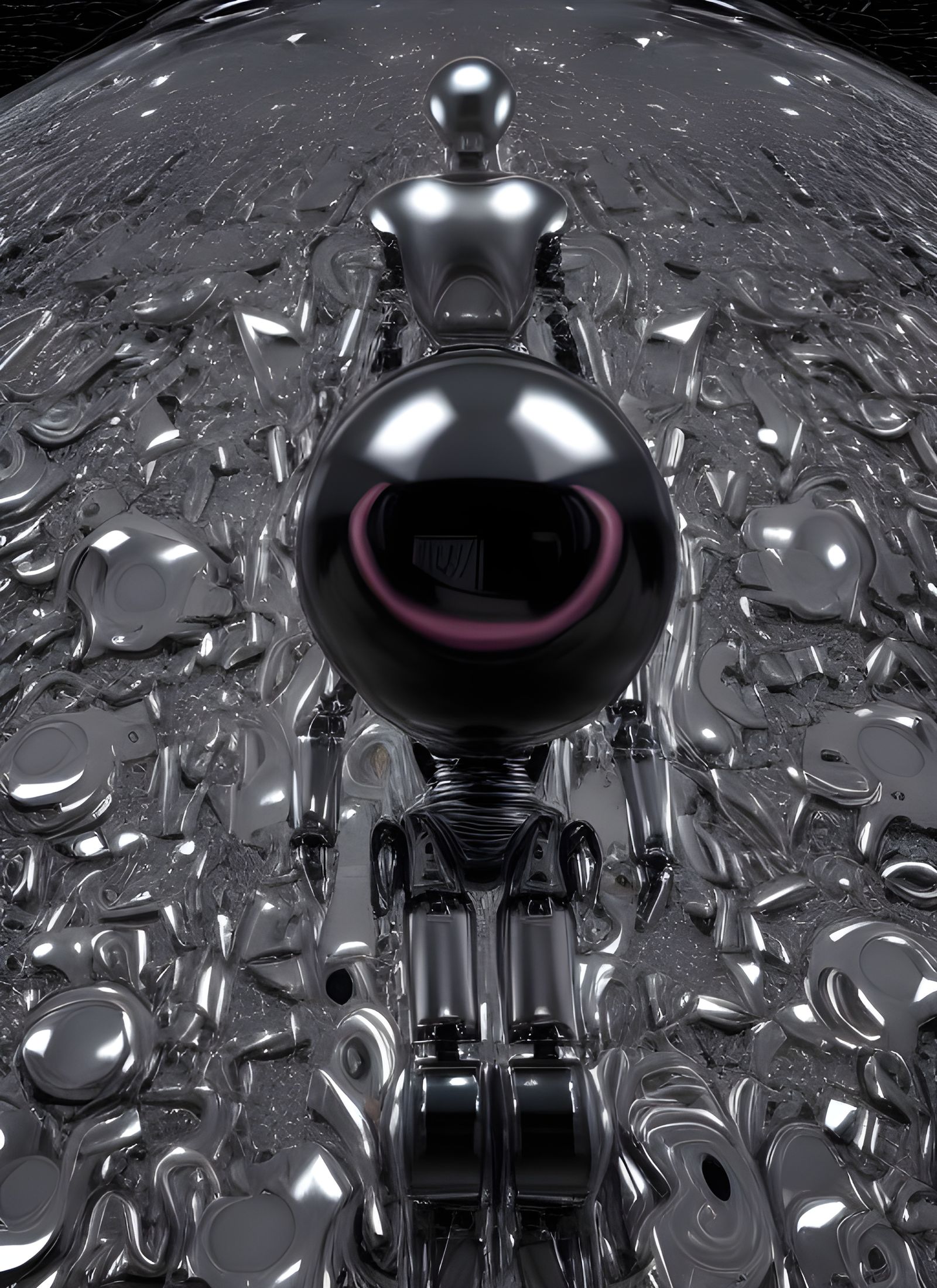 Cyberpunk Robot Gazing into Chrome Sphere, Hyperrealism