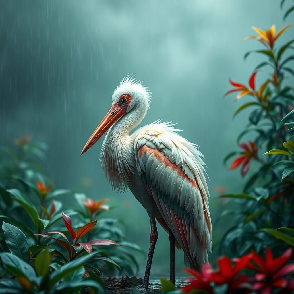 Surreal Spoonbill Bird in Enchanted Rainforest