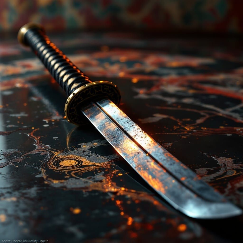 Samurai Katana Sword Reflected in a Warrior's Resolute Face