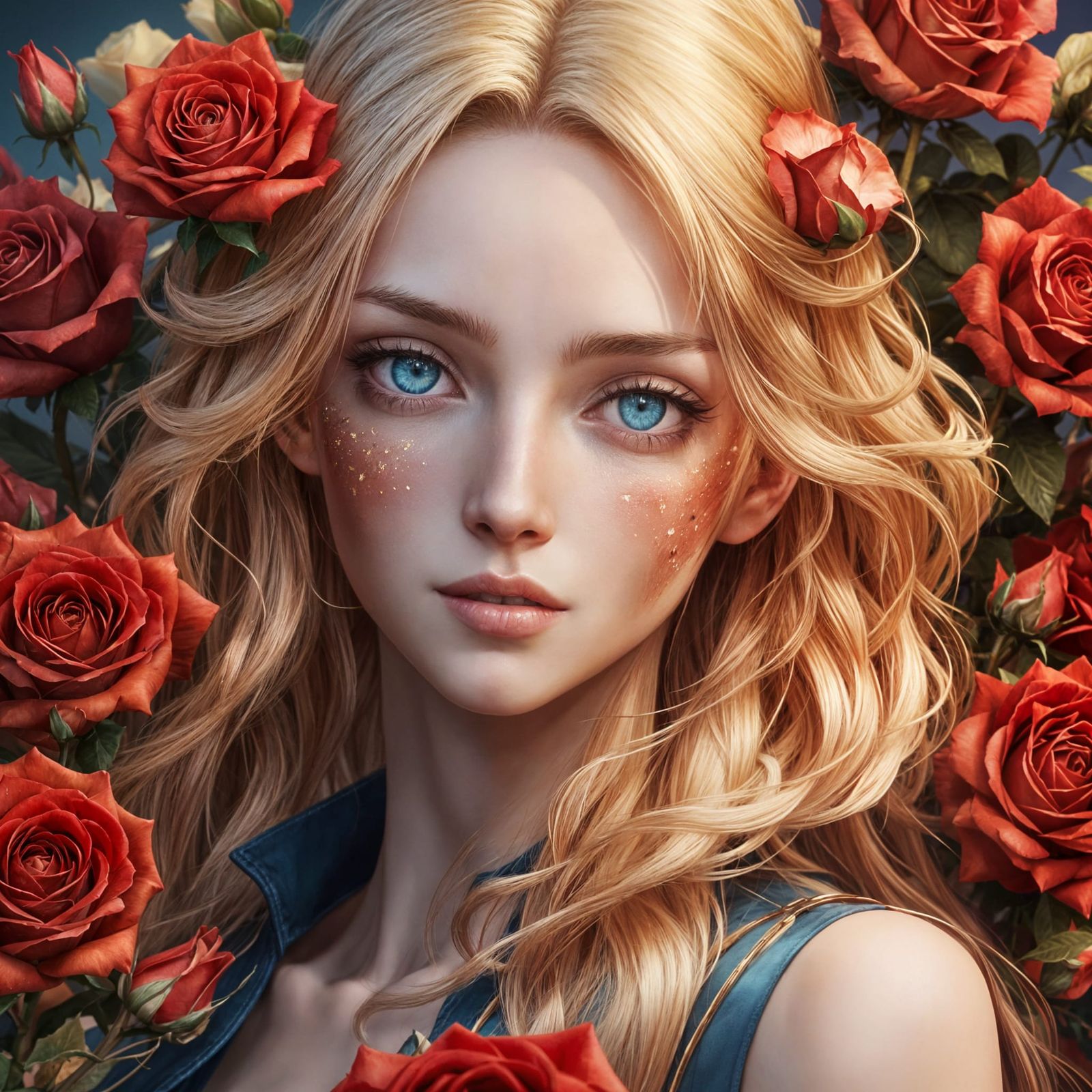 Golden Beauty Amidst Vibrant Roses in Cyberpunk Aesthetic